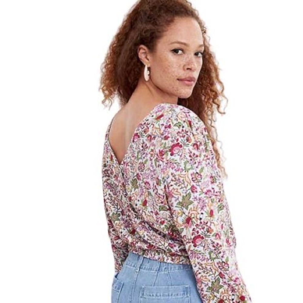 LOFT Floral V-Neck Long Sleeve Top in Pink and Green